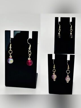 Handmade 3-Pair Drop Earring Bundle with Soft Pink Iridescent Charcoal & Magenta